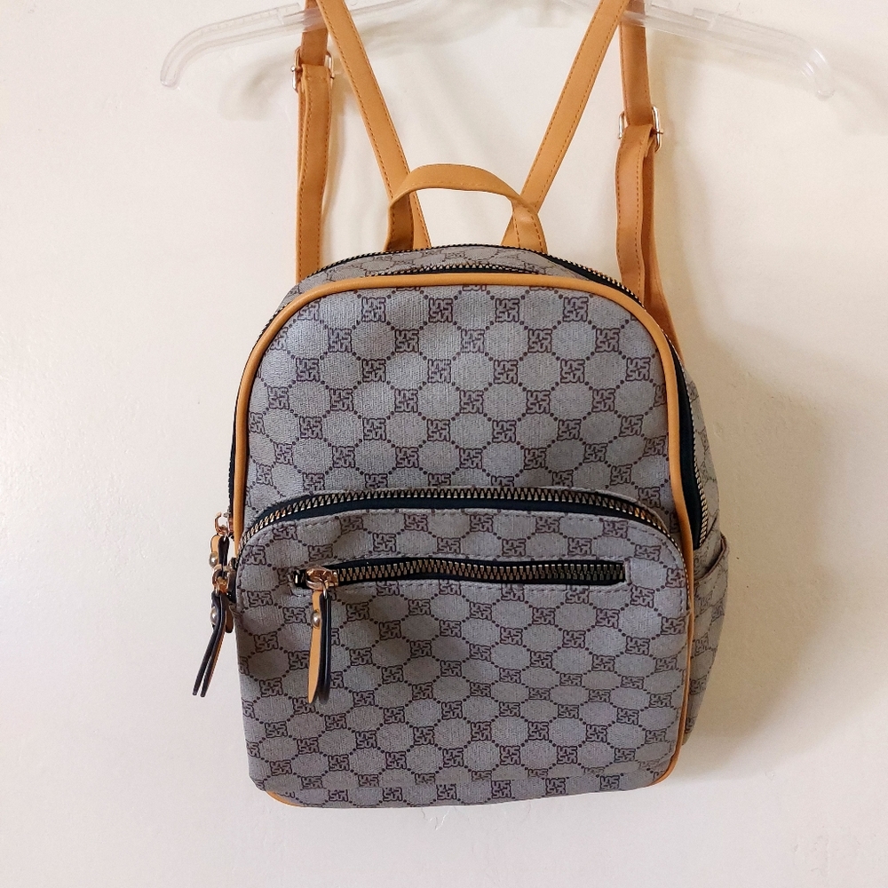 Yellow & Tan Small Faux Leather Vegan Friendly Fashion Backpack Purse w/ Print - Picture 2 of 12